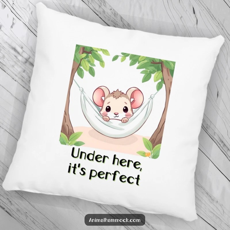 Funny, plush pillow showing a mouse peeking out from a hammock blanket, offering cozy comfort and a playful touch.