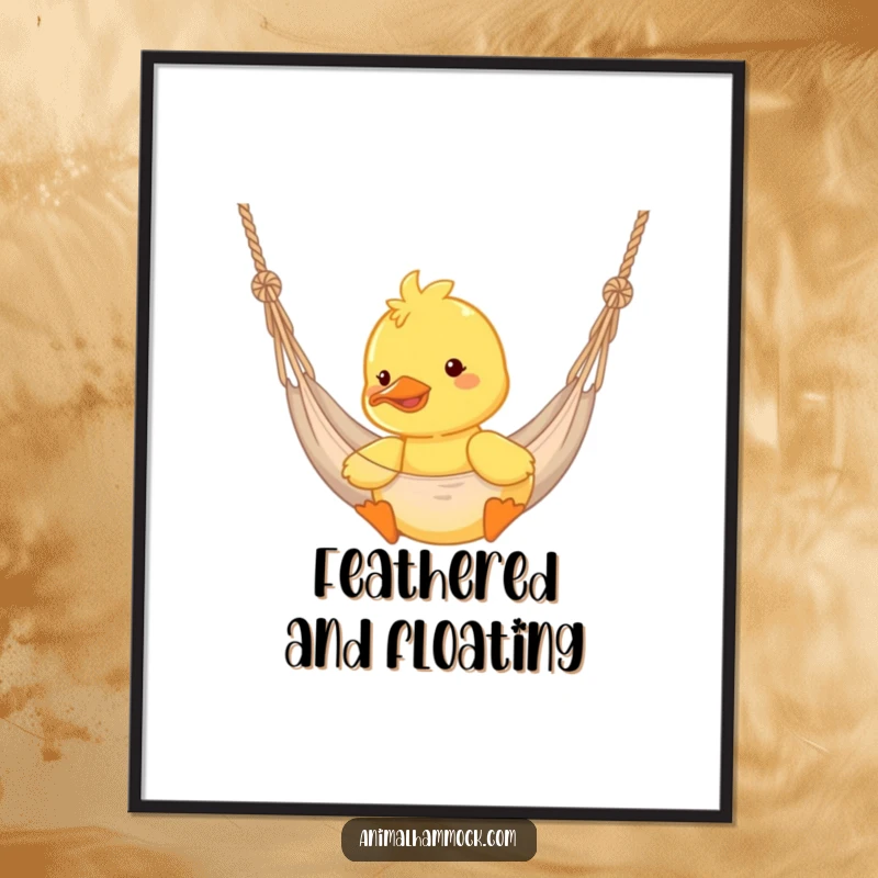 Funny duckling happily bouncing in a hammock, digital art print, perfect for instant cheerful wall decor.