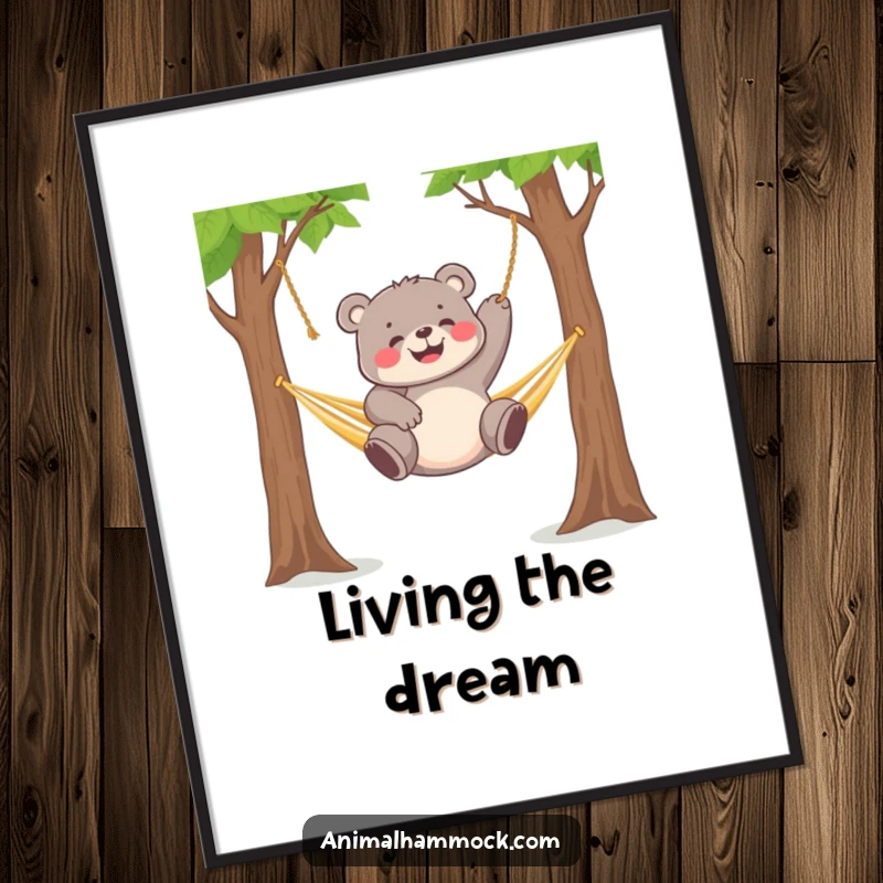 Funny chubby bear cub gleefully dangling from a hammock strung between two trees, a playful digital art print.