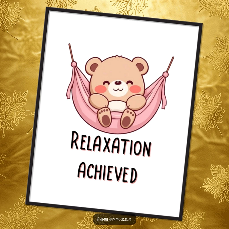 Funny Bear Digital Art Print, a content bear character sinking into a plush hammock with a smile, bringing calm.