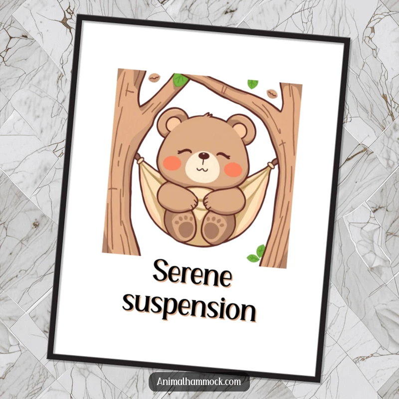 Funny bear digital art print of a happy bear snuggled in a hammock, eyes closed, for relaxing and humorous wall decor.