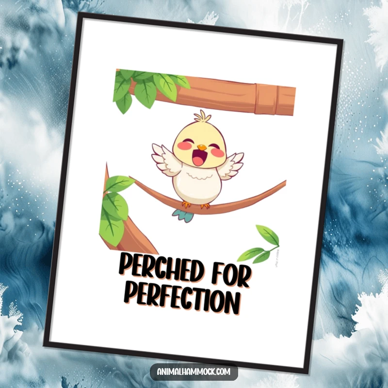 Funny digital art print of a delighted bird character perched on the edge of a hammock, embodying peaceful happiness.