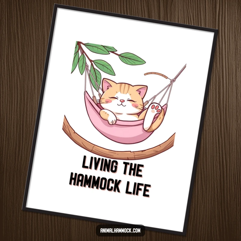 Funny Cat Hammock Digital Art Print: A high-resolution digital artwork of a relaxed cat in a hammock, adding comedic charm and warmth to any space.