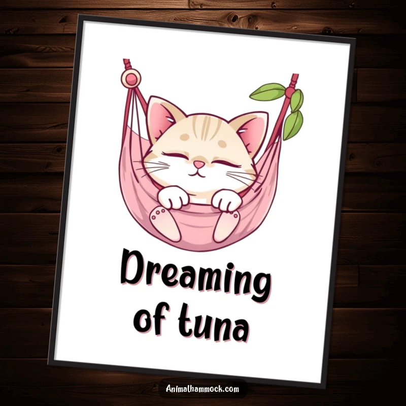 Funny round cat with sparkling eyes deeply asleep in a hammock, a charming digital art print for walls.