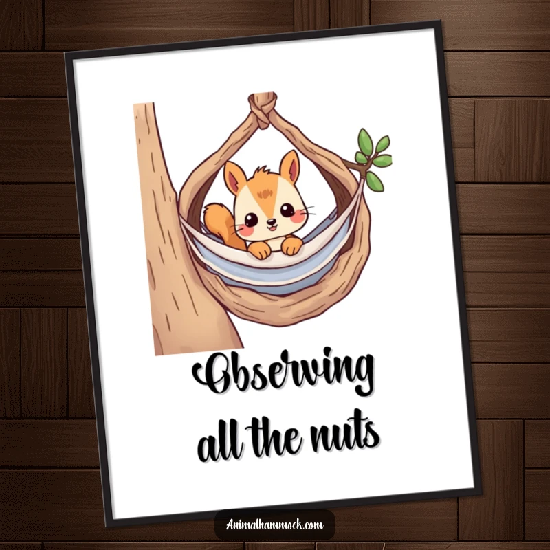 Funny digital art print of a curious squirrel peeking from its hammock in a nest, capturing a moment of woodland observation.