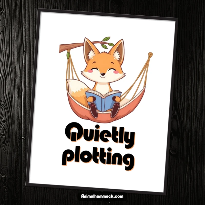 Funny smiling fox with long ears reading a book while relaxing in a hammock, a charming digital art print.