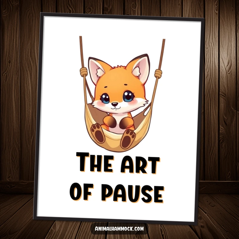 Funny small fox with wide, curious eyes looking at a dangling hammock, high-resolution digital art print for instant intrigue.