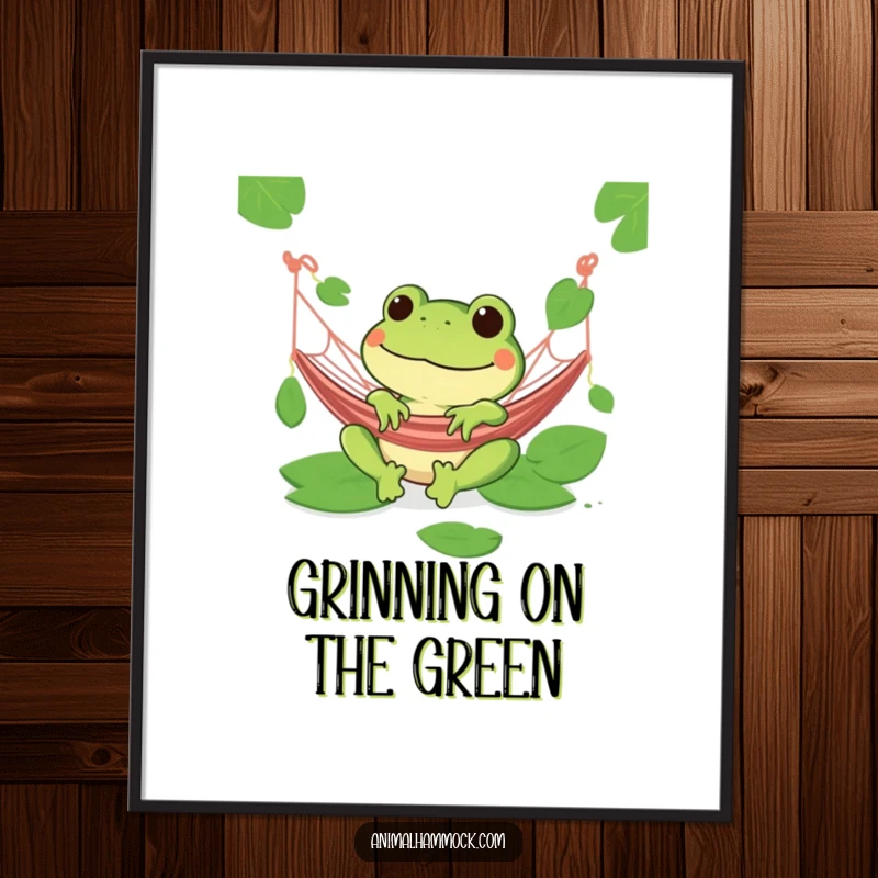 Funny green frog with a wide grin relaxing in a hammock, digital art print, perfect for humorous decor.