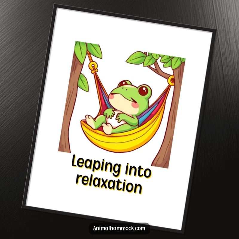 Funny small frog character serenely relaxing in a brightly colored hammock, available as an instant digital art print for home decor.