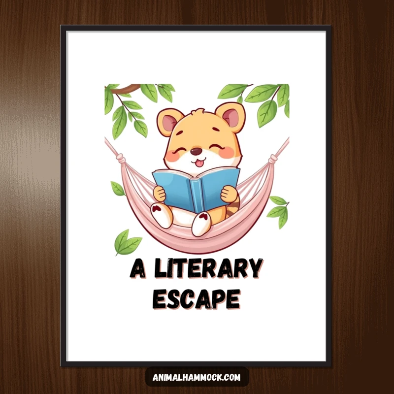 Funny digital art print of a happy animal reading a book in a hammock, radiating hilarious intellectual bliss and cozy comfort.