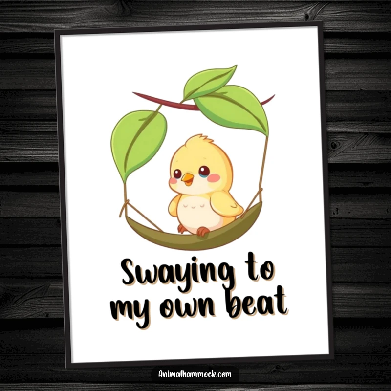 Funny digital art print of a happy bird swinging on a leaf hammock, capturing a moment of pure, unadulterated joy.