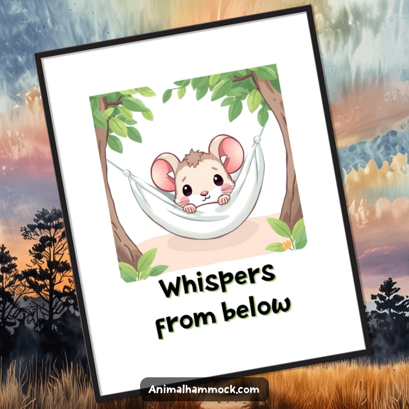 Funny mouse character peeking from under a hammock blanket, available as an instant digital art print for home decor.