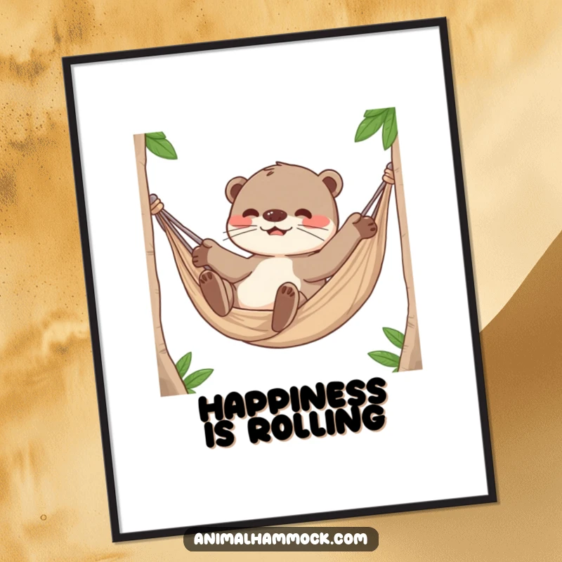 Funny Otter Digital Art Print, a playful otter character rolling around happily inside a hammock, bringing joy to walls.
