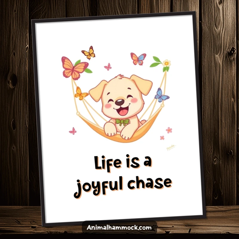 Funny Puppy Hammock Digital Art Print: A vibrant digital artwork of a puppy chasing butterflies near a hammock, adding comedic fun and puppy charm to any room.