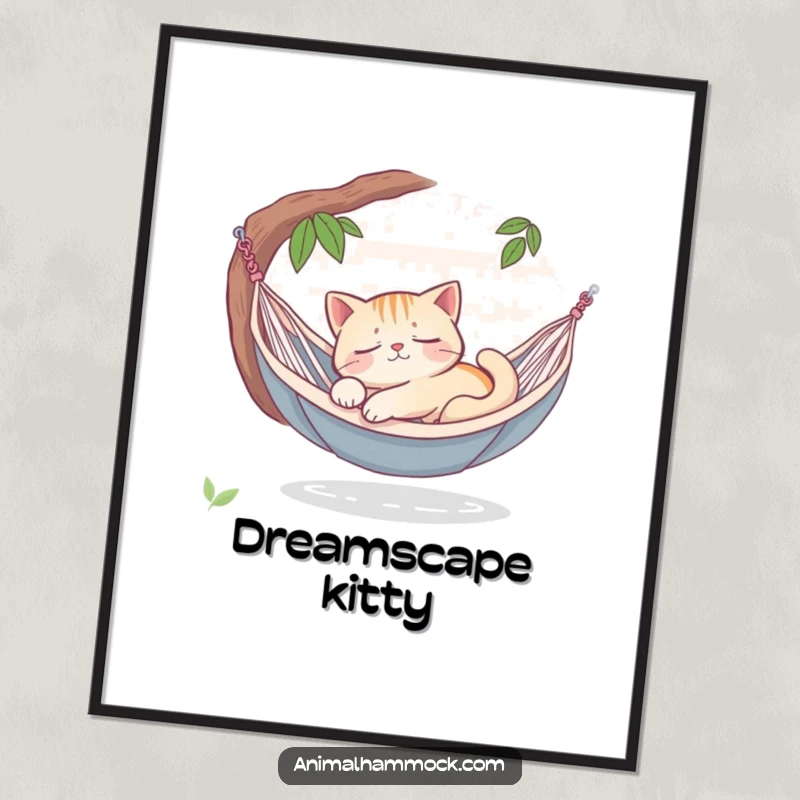 Funny sleepy cat dreaming peacefully in a hammock oasis, high-resolution digital art print, capturing serenity and charm for home decor.