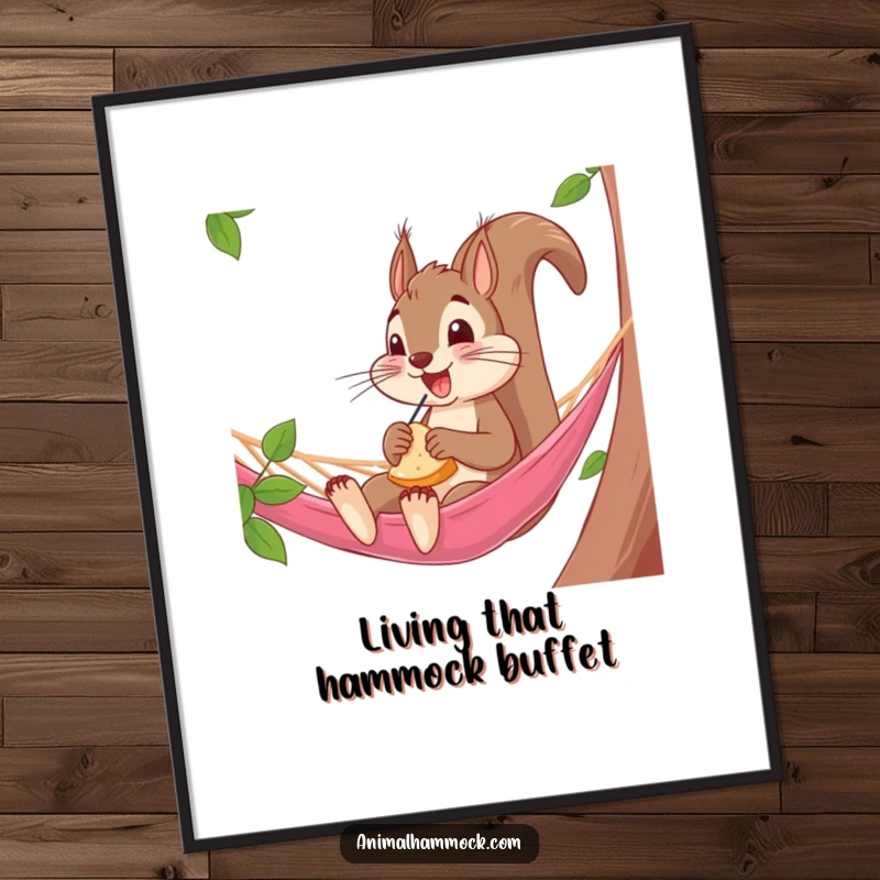 Funny Squirrel Hammock Digital Art Print: A charming digital artwork of a squirrel snacking in a hammock, adding comedic woodland charm and warmth to any room.