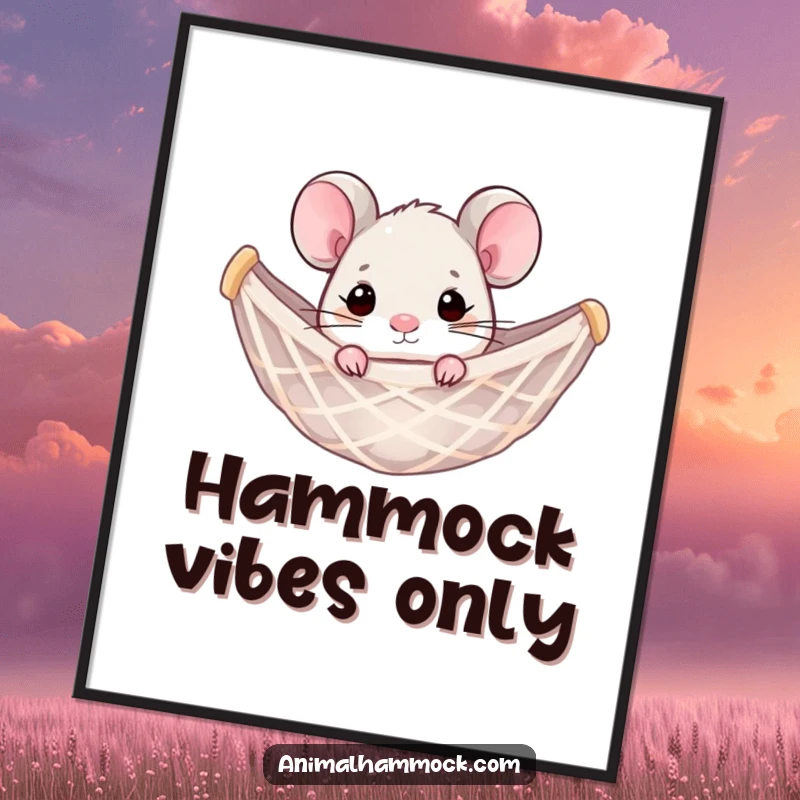 Funny mouse happily peeking from a hammock net, as a downloadable digital art print. A humorous and delightful wall art option.