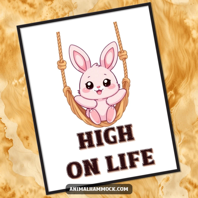 Funny digital art print of a fluffy pink bunny with big eyes, joyfully swinging high on a knotted rope hammock, embodying pure relaxation.