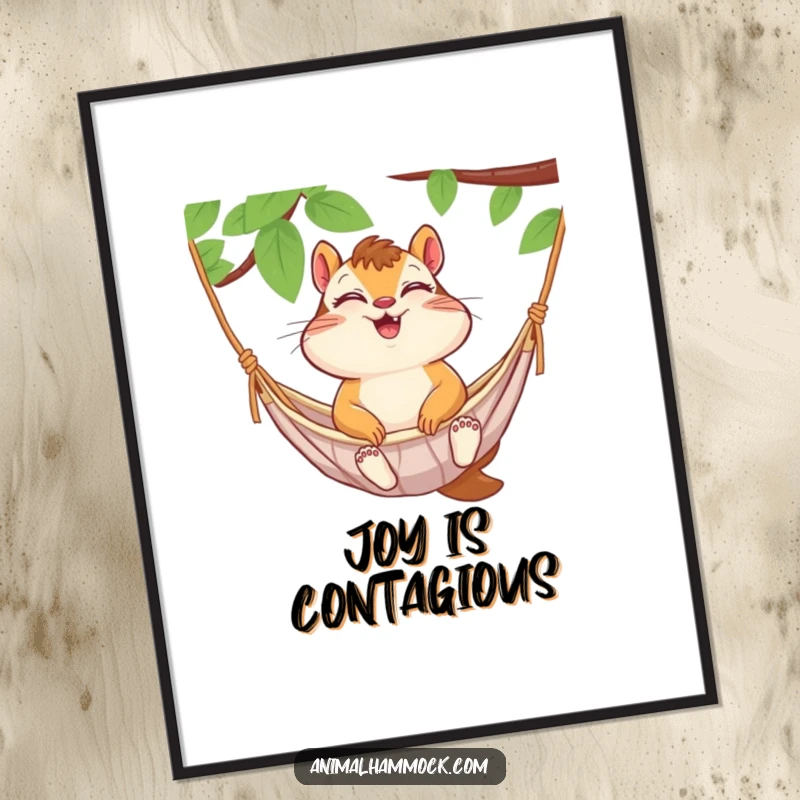 Funny chipmunk giggling with eyes closed in a hammock, as a downloadable digital art print. A humorous and joyful wall art option.