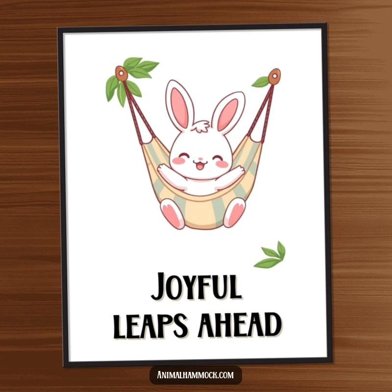 Funny Bunny Digital Art Print, a cheerful bunny character bouncing gently in a striped hammock, bringing joy to walls.