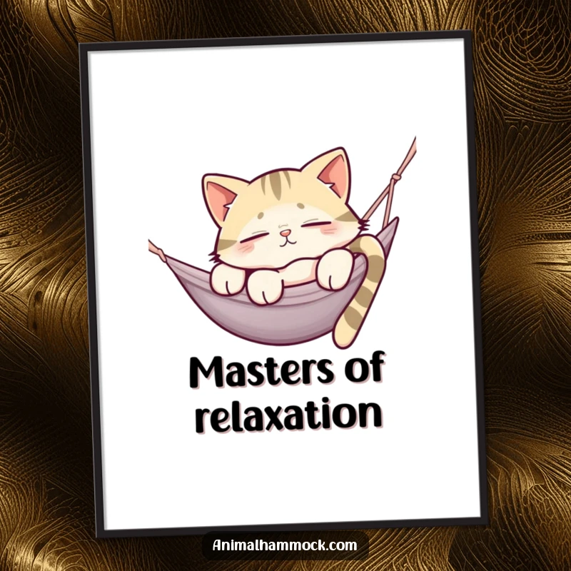 Funny digital art print of a sleepy cat lounging in a hammock, perfect for adding humorous relaxation to home decor.