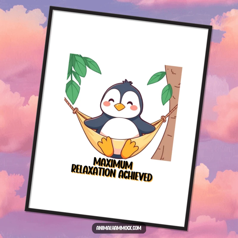 Funny digital art print of a proud penguin character sitting upright and smiling in a hammock, symbolizing peaceful enjoyment.