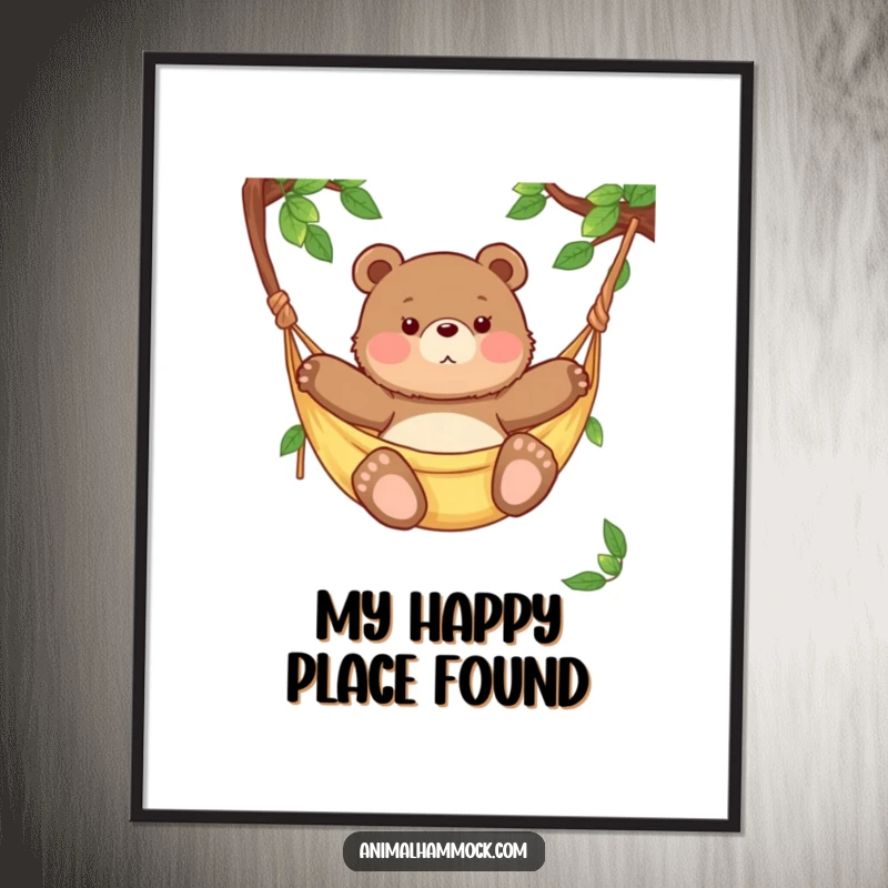 Funny chubby bear cub swaying rhythmically in a hammock, high-resolution digital art print for instant humorous wall decor.