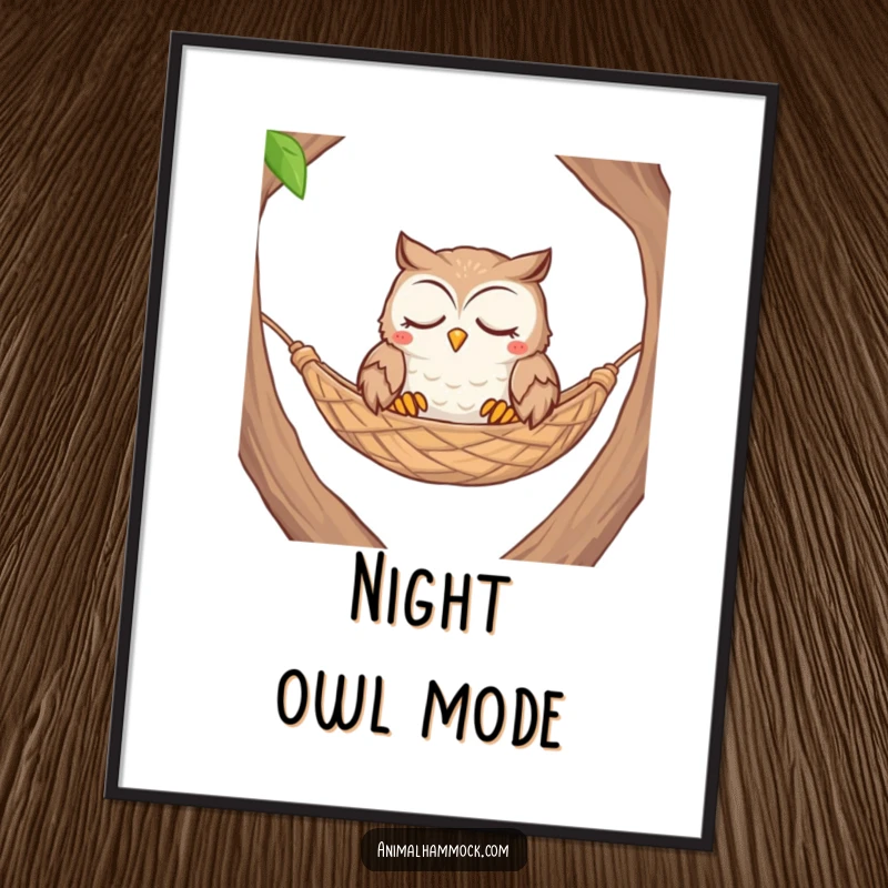 Funny contented owl with closed eyes nestled comfortably in a woven hammock, a peaceful digital art print.