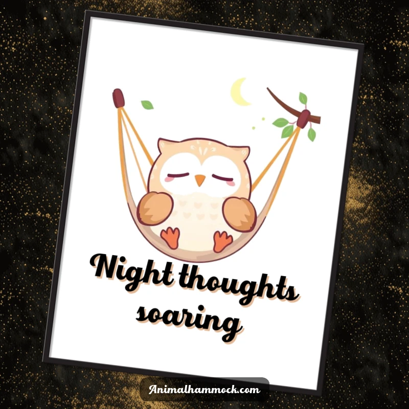 Funny round owl character happily dreaming while floating in a hammock, available as an instant digital art print for home decor.