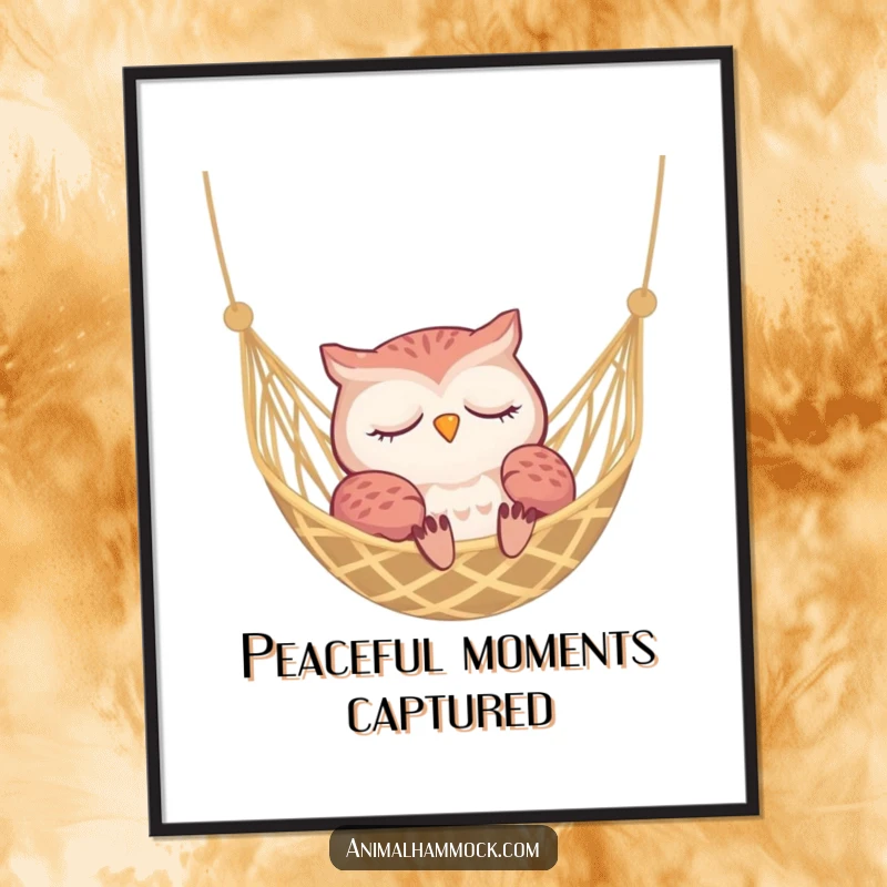 Funny sleepy owl dozing peacefully in a woven hammock, high-resolution digital art print for instant serene decor.