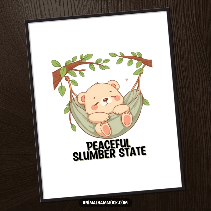 Funny Bear Cub Snooze Digital Art Print showing a content bear cub sleeping in a hammock, ideal for printable wall decor and instant peace.