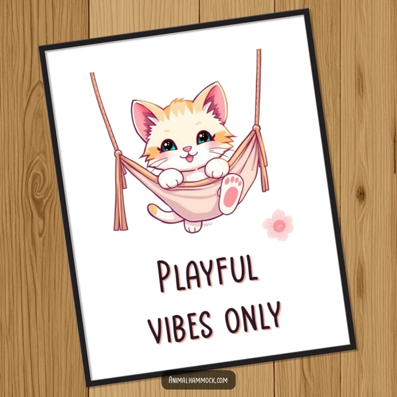 Funny kitten digital art print of a playful kitten dangling from a hammock, ideal for instant, humorous home decor. High-quality and amusing.