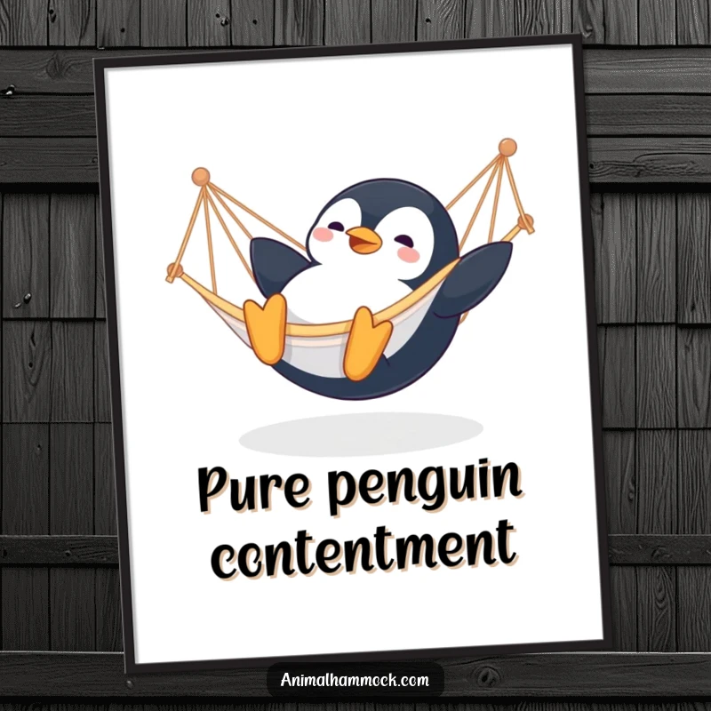 Funny Penguin Hammock Digital Art Print: A cheerful digital artwork of a happy penguin sliding into a hammock, adding comedic fun and arctic charm to any room.