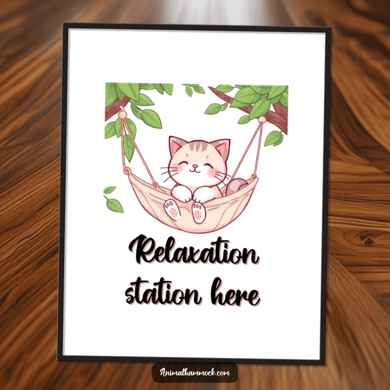Funny Cat Digital Art Print: A cute cat character is happily snuggled in a gently swaying hammock, full of peace.