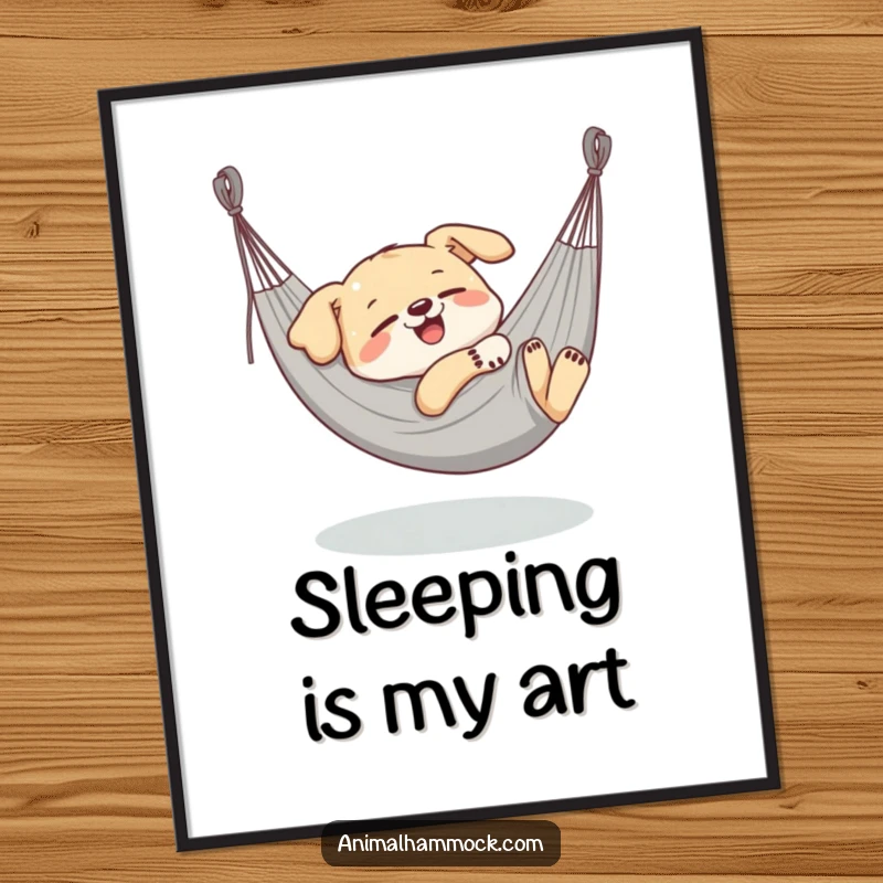 Funny Dog Digital Art Print, a delighted dog character blissfully napping in a stretched hammock, bringing cozy vibes.