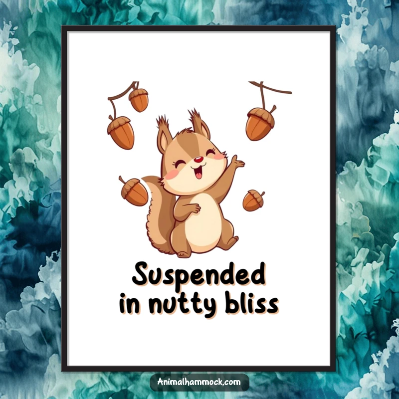Funny squirrel character juggling acorns while suspended, presented as a downloadable digital art print for humorous wall decor.