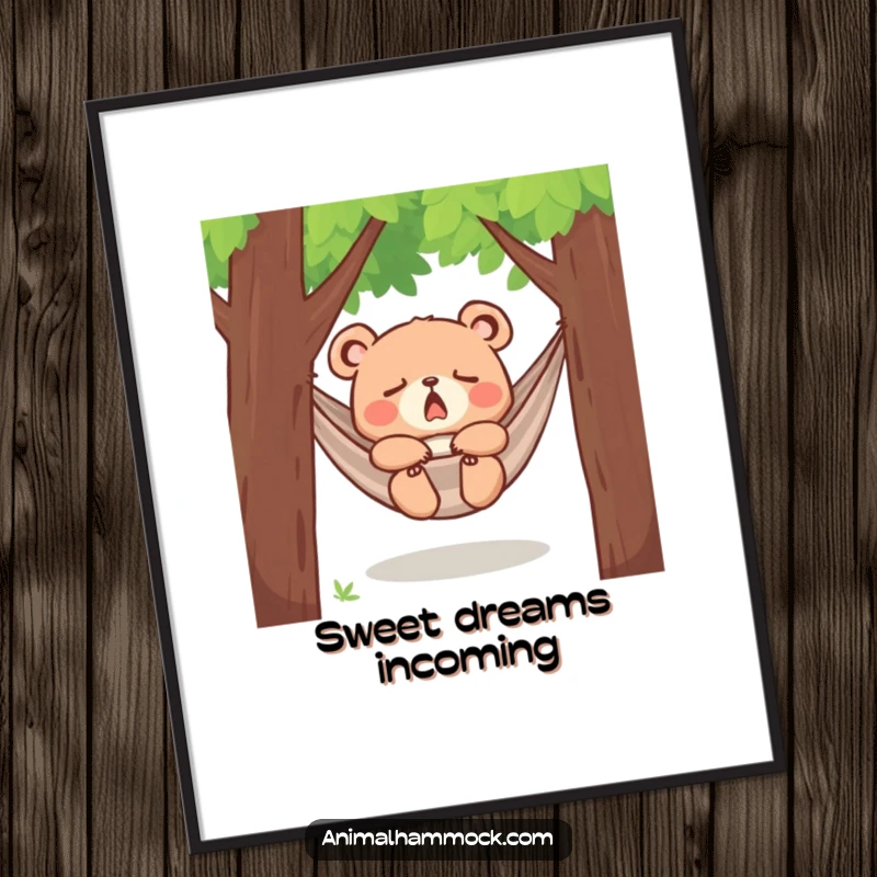 Funny yawning bear cub dozing in a hammock between trees, high-resolution digital art print, capturing sleepiness and charm for home decor.