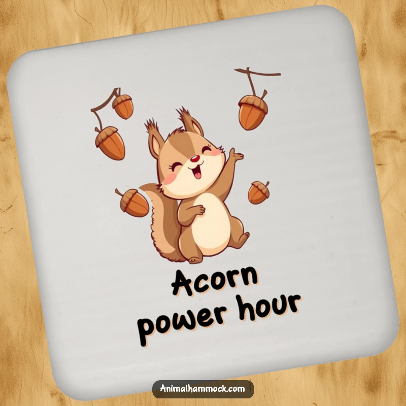 Funny squirrel character juggling acorns while suspended, depicted on a drink coaster for humorous and practical home decor.