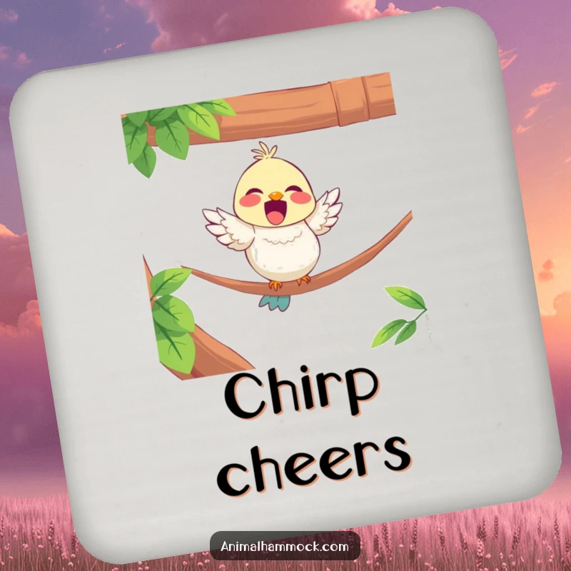 Funny drink coaster showing a delighted bird character perched on the edge of a hammock, adding cheerful charm.