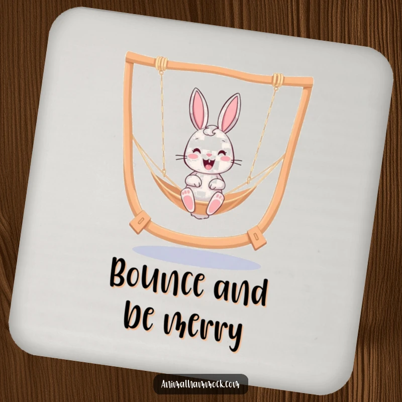 Funny cheerful bunny bouncing in a hammock, a charming and humorous design for a drink coaster.