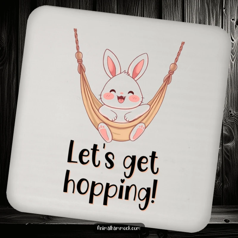 Funny fluffy bunny with rosy cheeks joyfully swinging in a hammock, printed on these absorbent drink coasters.