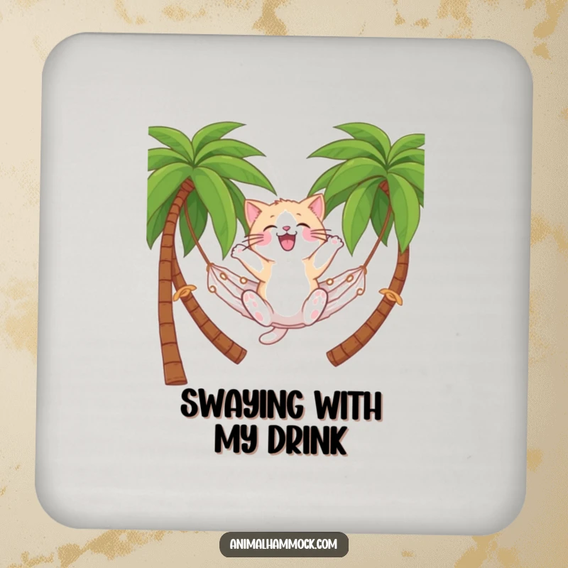 Funny cat coaster featuring a cat on a hammock, adding tropical humor to surfaces, a unique funny gift.