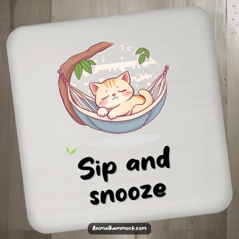 Funny sleepy cat dreaming peacefully in a hammock oasis, printed on drink coasters, adding a touch of serene humor and surface protection.