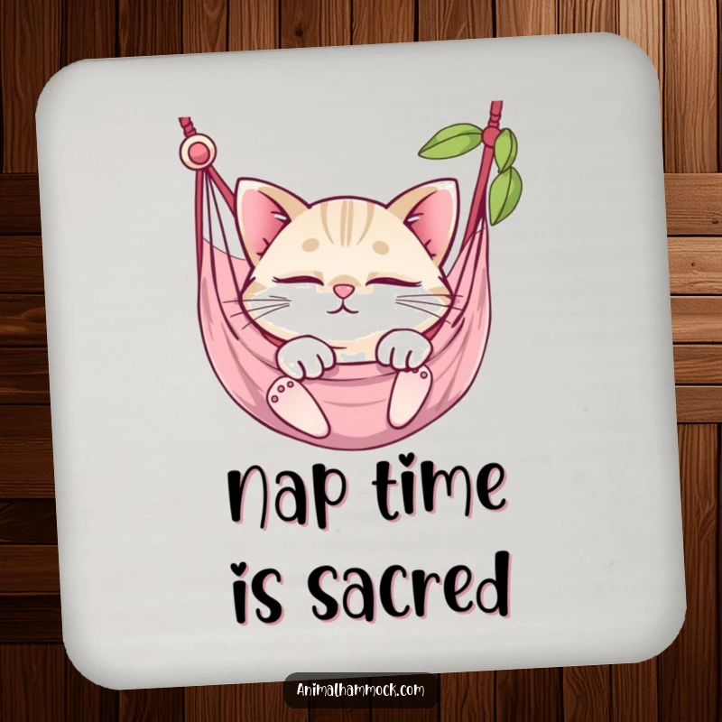 Funny round cat with large eyes snoozing in a hammock, printed on these absorbent drink coasters.