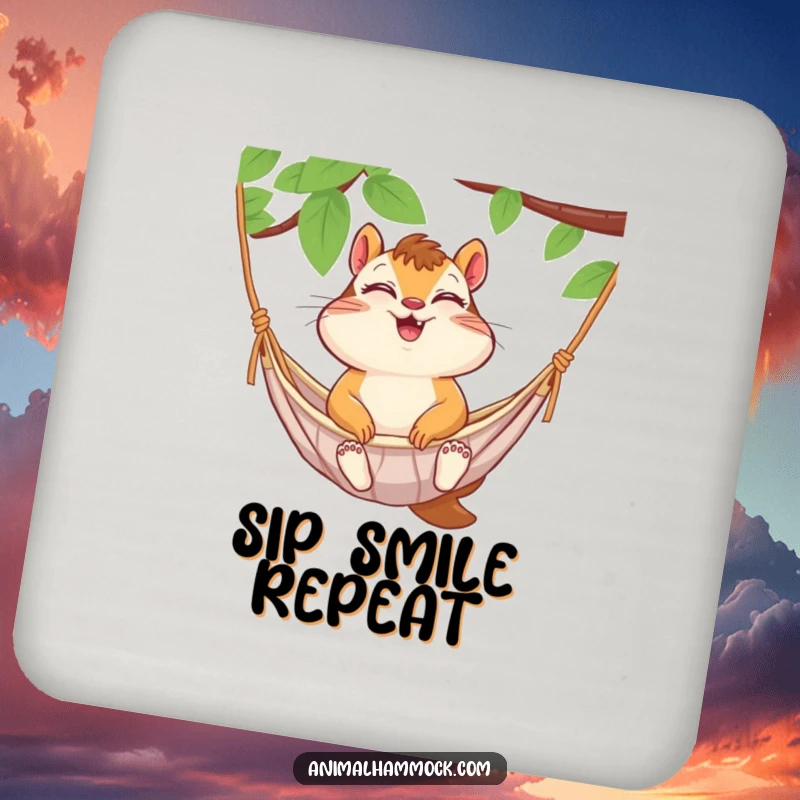 Funny chipmunk giggling with closed eyes in a hammock, printed on a drink coaster. A small yet humorous home accessory.