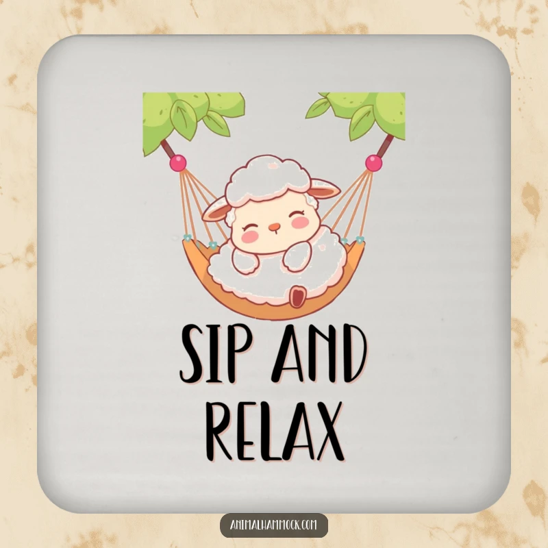Funny coaster with a contented sheep lying peacefully in a hammock, adding a humorous and serene touch to any drinks.