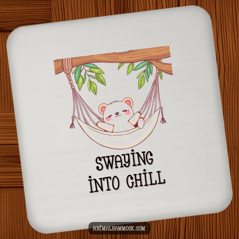 Funny drink coaster depicting a cute animal luxuriously stretching in a hammock, perfect for protecting surfaces with a humorous and relaxed vibe.