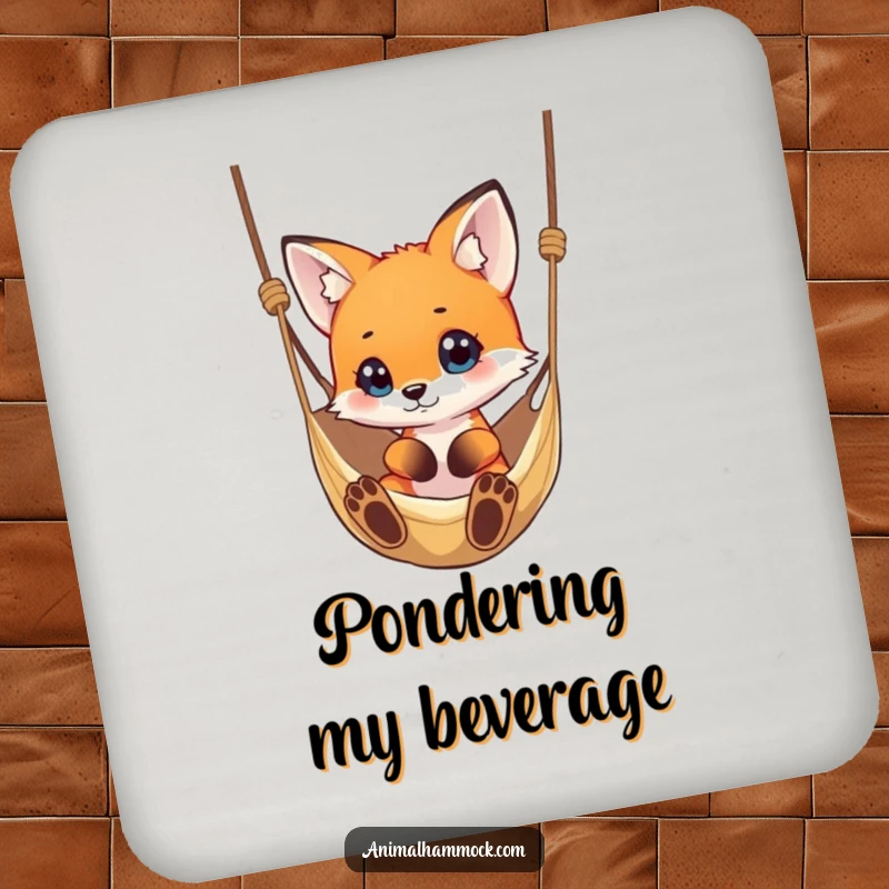Funny small fox curiously observing a hammock, a charming and humorous design for a drink coaster.