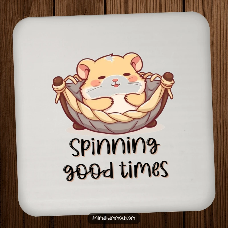 Funny contented hamster rolling joyfully in a miniature hammock, printed on drink coasters, adding a touch of playful humor and surface protection.