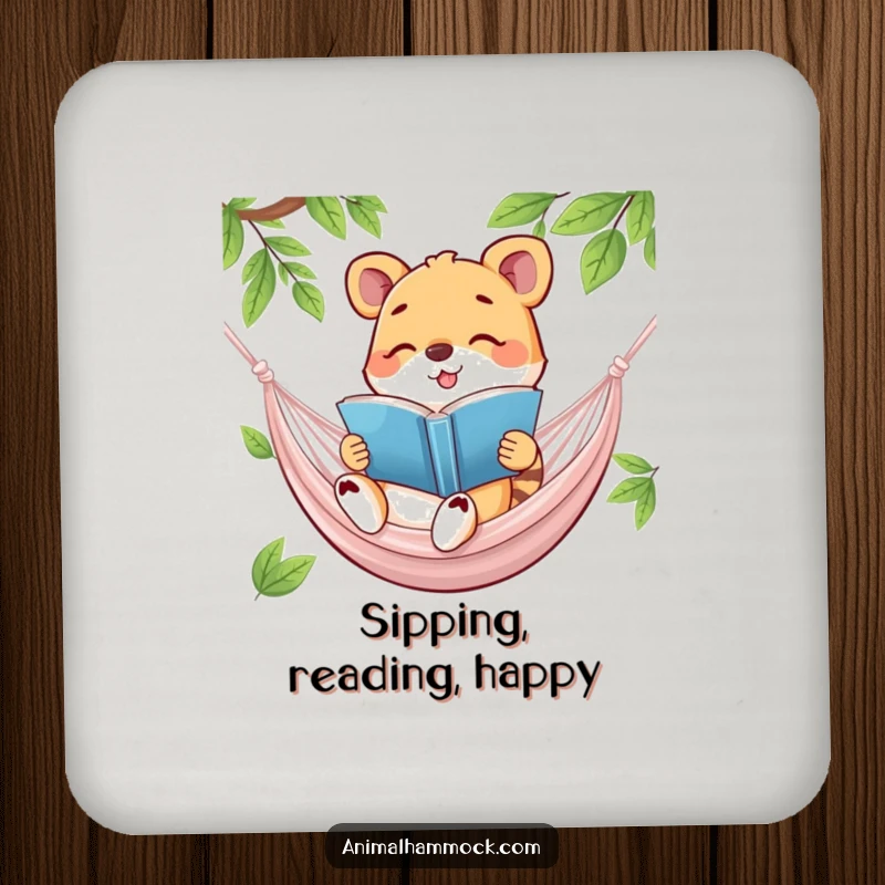 Funny drink coaster depicting a happy animal reading a book in a hammock, perfect for protecting surfaces with a humorous and intellectual vibe.